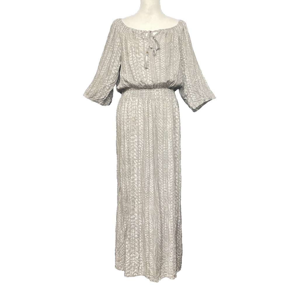 Lascana Venus Gray Maxi Dress M Boho Beach Resort Sheer Smocked Waist Peasant